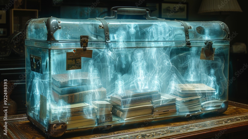Paint a scene of vacation planning with an X-ray image of a suitcase filled with travel guides, postcards, and a Paint a scene of vacation planning with an X-ray image of a suitcase filled with travel guides, postcards, and a