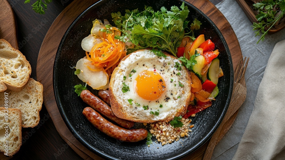 A top-down view of served with a side of Thai-style sausage, pickled vegetables, and a slice of crusty baguette, showcasing a delicious and satisfying breakfast plate.