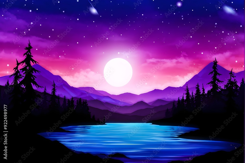 Naklejka premium a painting of a mountain lake with a full moon and a lake in the background.