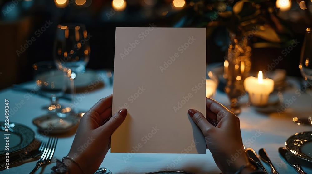 © HideAwayDigitalTH - a branding mockup for a menu design of hands holding a blank menu sitting at a table at a fancy restaurant, direct flash bright flash light candle lit table