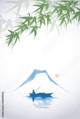 Minimalist ink painting with a lone fisherman in a boat, green bamboo trees and far blue mountain. Traditional oriental ink painting sumi-e, u-sin, go-hua. Translation of hieroglyph - eternity