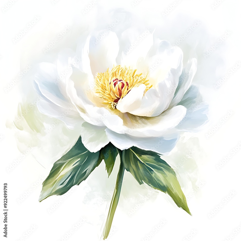 An elegant, digital watercolor depiction of a white peony flower, with lush green leaves, ideal for use in botanical illustrations, greeting cards, and home decor, An elegant, digital watercolor depiction of a white peony flower, with lush green leaves, ideal for use in botanical illustrations, greeting cards, and home decor,