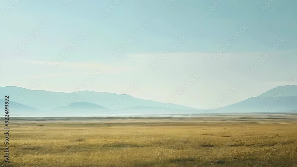 Tranquil Countryside Landscape with Misty Mountains and Golden Fields under Clear Sky, 4k video Tranquil Countryside Landscape with Misty Mountains and Golden Fields under Clear Sky, 4k video