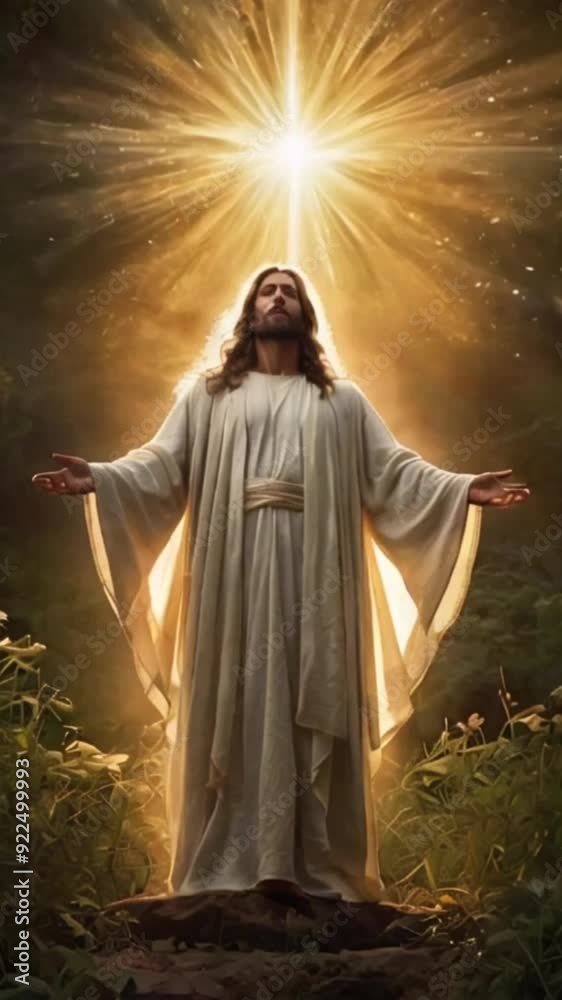 Jesus Christ dressed in a white robe in the forest with sun rays shining on him Jesus Christ dressed in a white robe in the forest with sun rays shining on him
