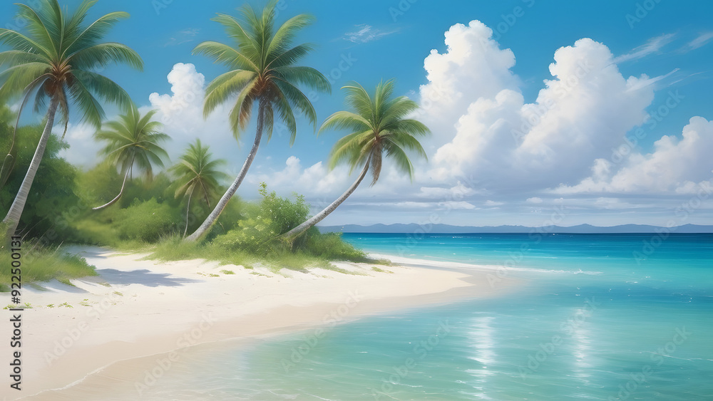 A beautiful beach with palm trees and a clear blue ocean. The sky is partly cloudy, but the overall mood is serene and peaceful A beautiful beach with palm trees and a clear blue ocean. The sky is partly cloudy, but the overall mood is serene and peaceful