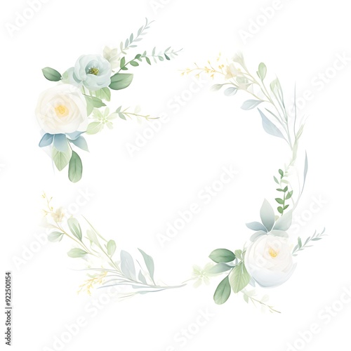 Fototapeta Naklejka Na Ścianę i Meble -  A delicate floral wreath of white roses and green foliage on a white background, suitable for wedding invitations, greeting cards, or elegant stationery designs,