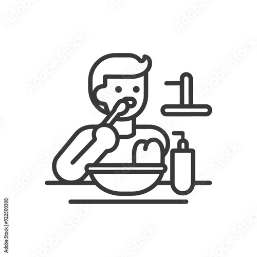 Man Brushing Teeth in Bathroom with Toothpaste and Cup