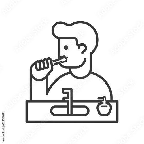 Man Brushing Teeth in Bathroom with Sink and Toothpaste