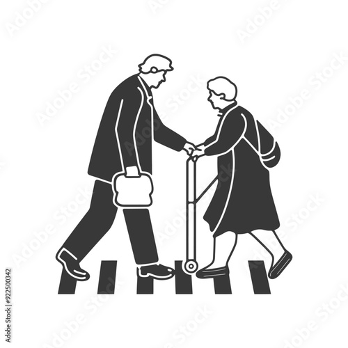 Man helping an elderly person cross the street with a walker