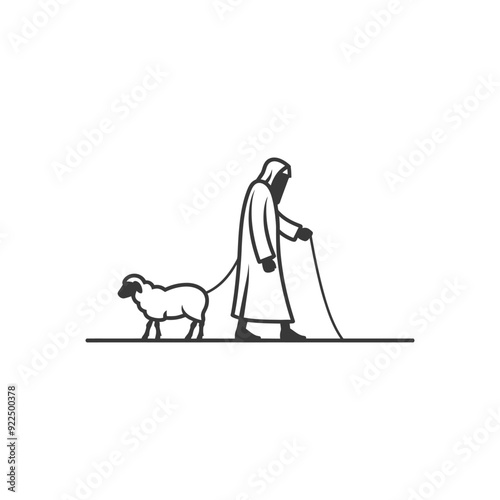 Man in a Robe Leading a Sheep with a Staff