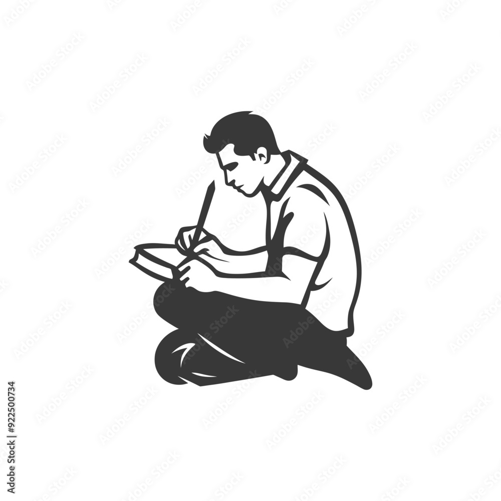 Man sitting cross legged, writing in a notebook with a pencil