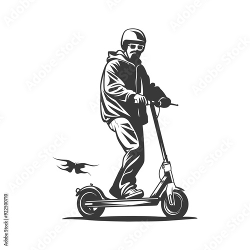 Man Riding Electric Scooter with Helmet and Sunglasses