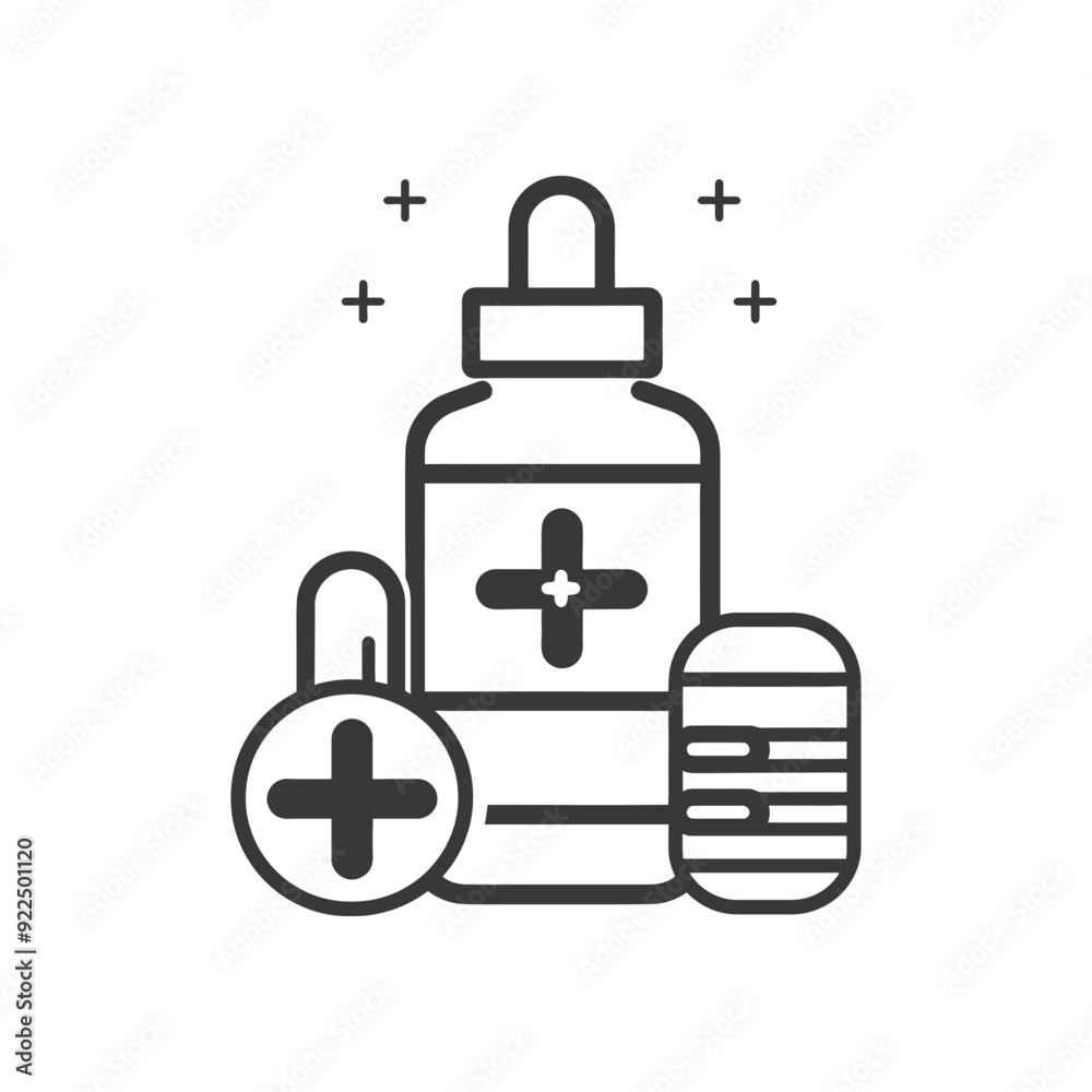 Medical Supplies Icon with Dropper Bottle, Pills, and Crosses Medical Supplies Icon with Dropper Bottle, Pills, and Crosses