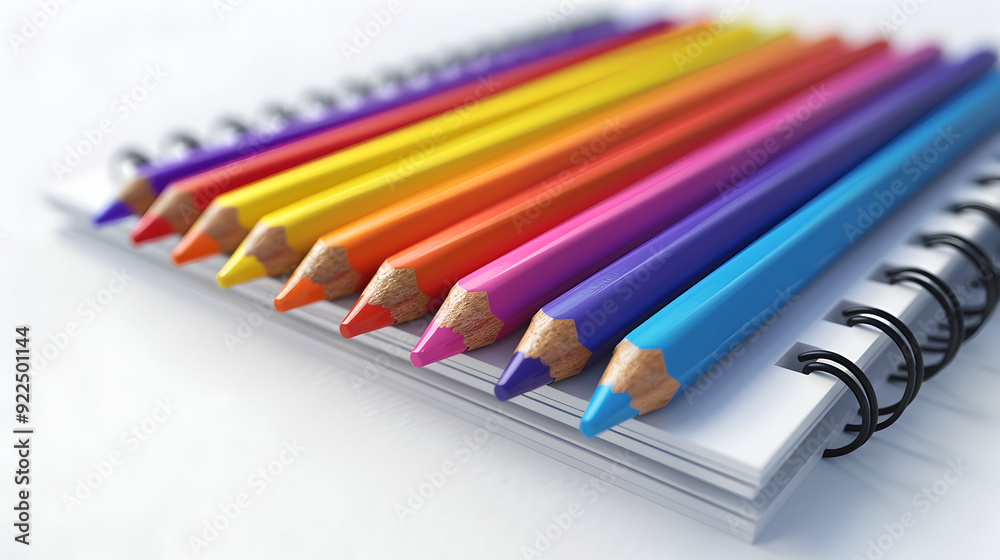 3D Flat Icon: Notebook and Crayons Set, Creative Learning Symbol on White Background 3D Flat Icon: Notebook and Crayons Set, Creative Learning Symbol on White Background