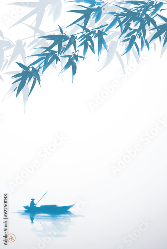Blue ink painting of a lone fisherman in a small boat drifting on calm water under bamboo leaves. Traditional oriental ink painting sumi-e, u-sin, go-hua. Translation of hieroglyph - eternity