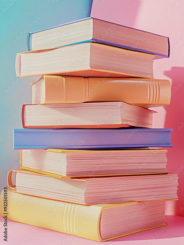 A vibrant stack of books displaying bold colors and intricate details in a stylized composition A vibrant stack of books displaying bold colors and intricate details in a stylized composition