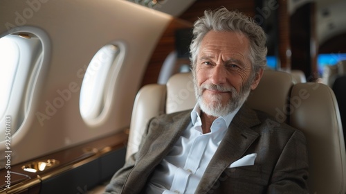 Relaxed senior businessman smiling while seated in luxury private jet, enjoying comfortable travel experience, rich interior, windows showing clear sky, feeling accomplished and content.