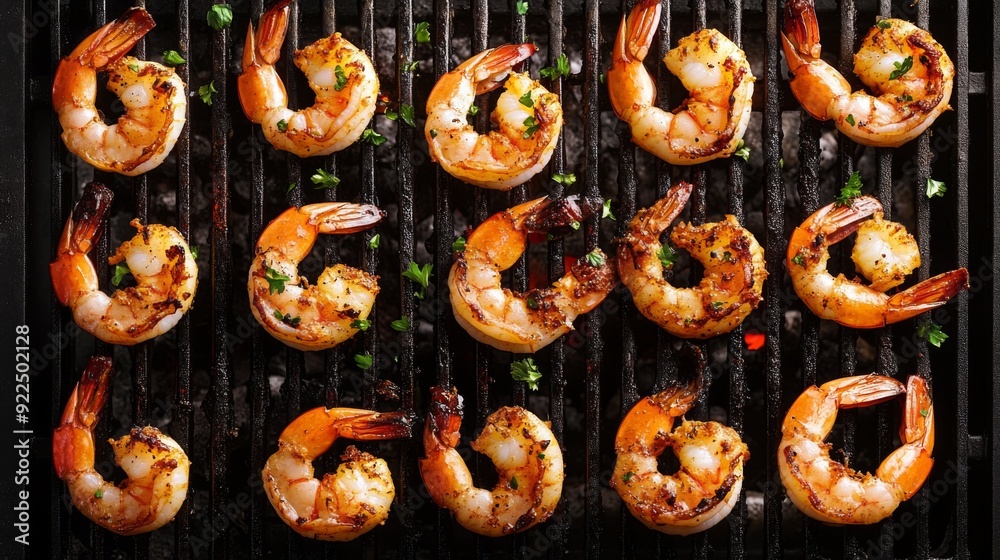 A top-down view of a barbecue grill with shrimp sizzling on the grates, capturing the cooking process and the vibrant color of the shrimp as they cook. A top-down view of a barbecue grill with shrimp sizzling on the grates, capturing the cooking process and the vibrant color of the shrimp as they cook.