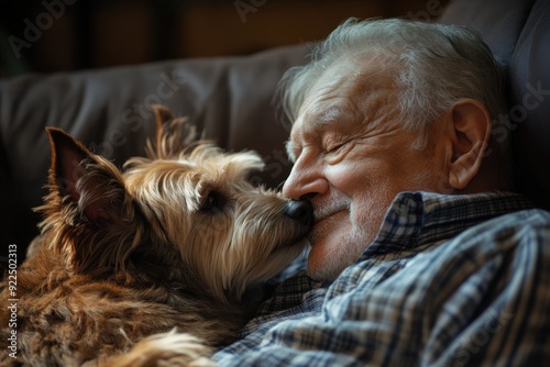Tender scene of an older adult and their loyal pet together in a cozy atmosphere reflecting the enduring love and comfort found in their relationship