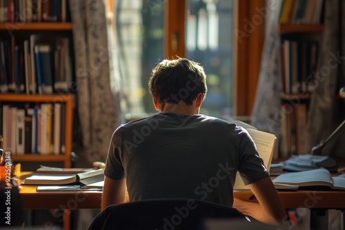 Intimate study setting with a single student engrossed in reading or writing at a desk illustrating the concept of studying alone and deep focus