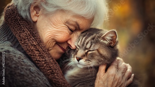 Touching portrayal of a senior person with a pet creating a loving and peaceful moment highlighting the special connection between age and animal friends photo