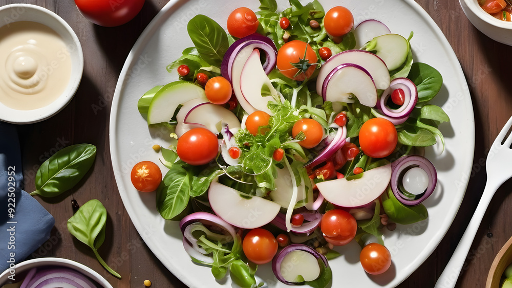 A plate of salad with a variety of vegetables including tomatoes, apples, and onions. The salad is served in a white bowl and is accompanied by several bowls of dipping sauces A plate of salad with a variety of vegetables including tomatoes, apples, and onions. The salad is served in a white bowl and is accompanied by several bowls of dipping sauces