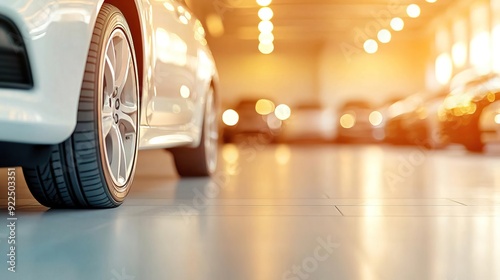 A white car on display at a dealership, with other cars in the background.