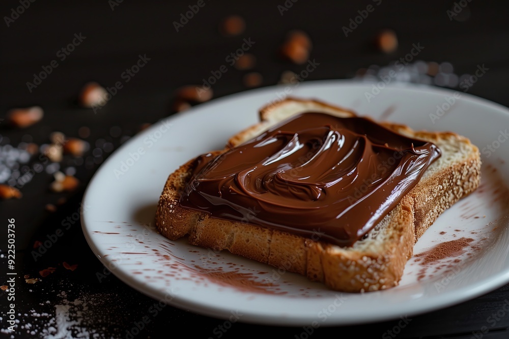 a slice of bread with some chocolate paste on it, white plate, black background a slice of bread with some chocolate paste on it, white plate, black background