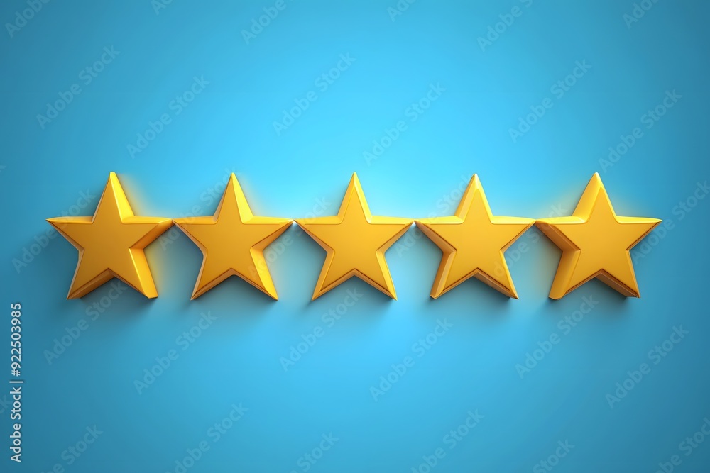 Fototapeta premium Five golden stars over blue background with reflections representing excellence 