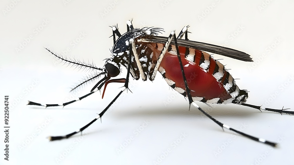 Close-up of a mosquito's body and wings, emphasizing the texture and patterns, on a white background. Copy space. Close-up of a mosquito's body and wings, emphasizing the texture and patterns, on a white background. Copy space.