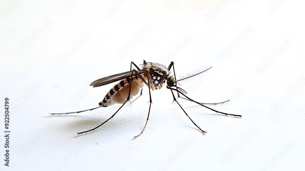 Close-up of a mosquito's thorax and legs, showing fine details, on a white background. Copy space. Close-up of a mosquito's thorax and legs, showing fine details, on a white background. Copy space.