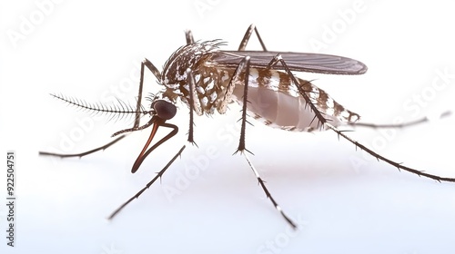 Close-up of a mosquito's body and wings, emphasizing the texture and patterns, on a white background. Copy space. 