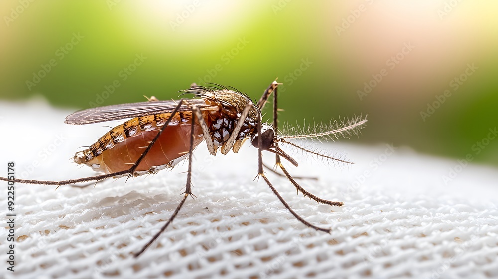 Side view of a mosquito perched on a white surface, highlighting its slender body and long legs. Copy space. 