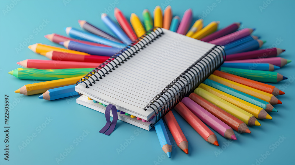 3D Flat Icon of School Supplies with Notebook and Crayons on Whimsical Background Creativity and Learning Concept with Ample Space for Text and Graphics Isolated on White 3D Flat Icon of School Supplies with Notebook and Crayons on Whimsical Background Creativity and Learning Concept with Ample Space for Text and Graphics Isolated on White