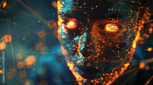 A mesmerizing human face illuminated by bright circuits and nodes, creating an otherworldly digital aesthetic in a dark background