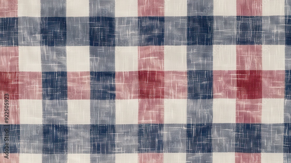 The fabric displays a classic plaid pattern with alternating colors of blue, red, and white The fabric displays a classic plaid pattern with alternating colors of blue, red, and white