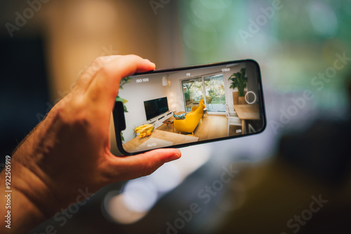 Real estate virtual tour mobile photo camera app. Hand holding smartphone. Home interior. Sell offer livingroom.