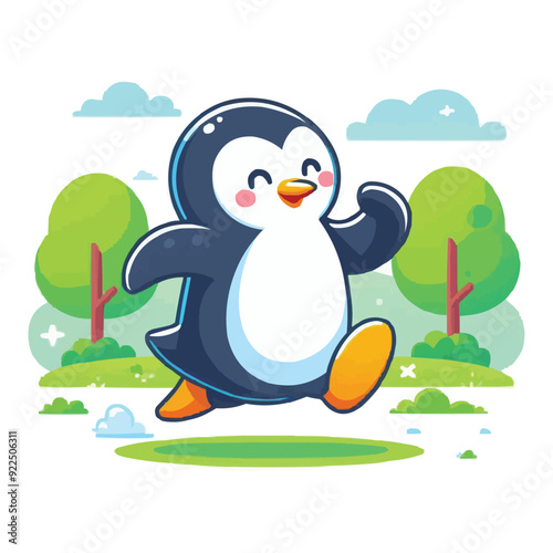 a cartoon Penguin running happily in park flat colorful vector