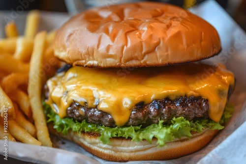 A simple and delicious cheeseburger served in a brioche bun with a side of french fries
