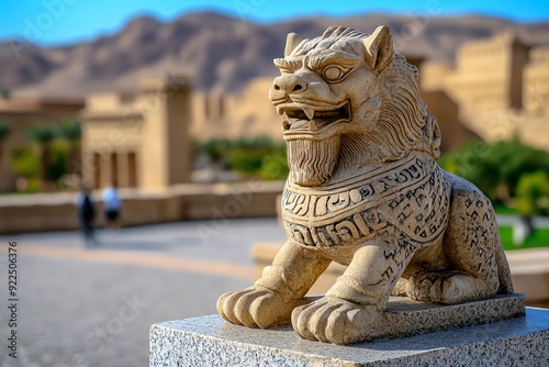 Ancient stone lion statue with intricate designs in an outdoor historical site against a mountain backdrop. photo