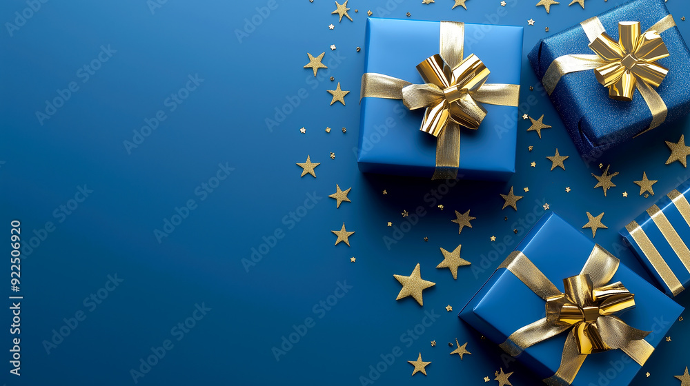 Blue gifts with golden bows and ribbons placed on blue background near stars Blue gifts with golden bows and ribbons placed on blue background near stars