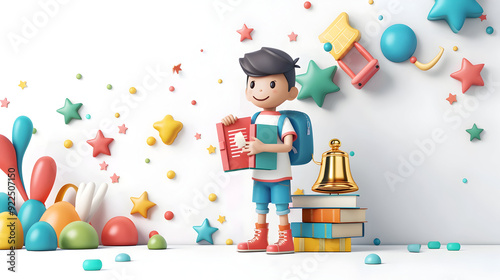 3D Flat Icon of Student with Books and School Bell on Dreamy Background Traditional School Life Concept with Ample Space for Graphics on Isolated White Background