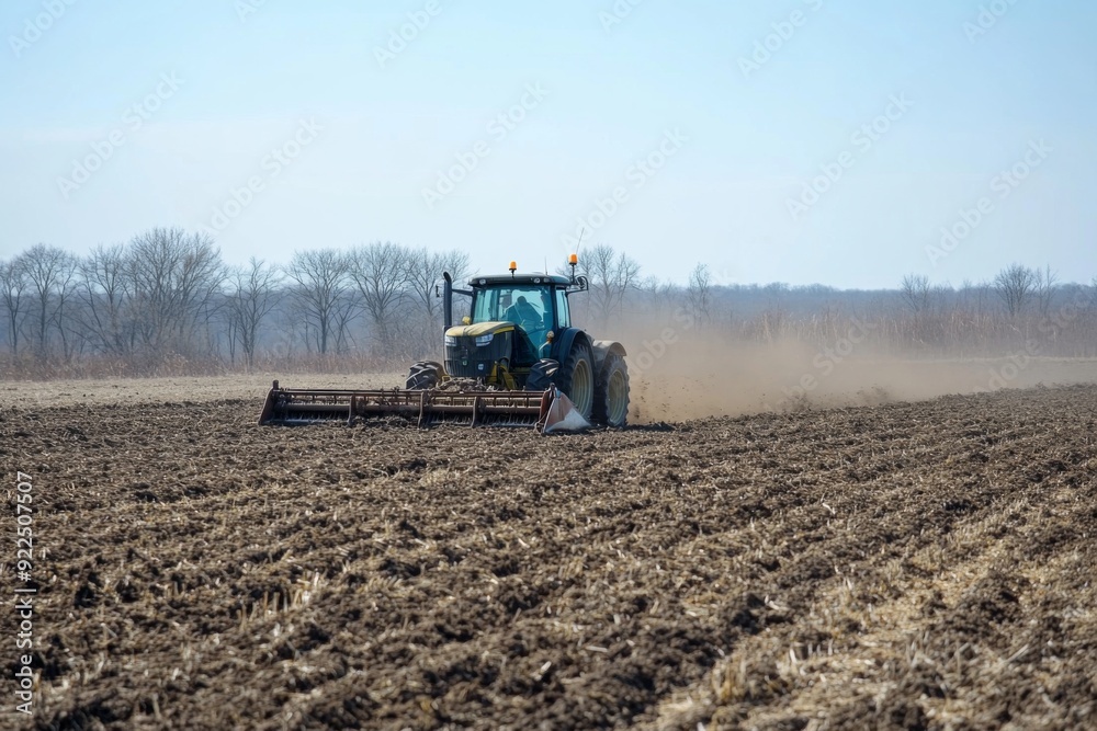 Fototapeta premium Spring Agriculture in Full Swing: A Farmer Tills the Soil with a Tractor, Embracing the Early Season Sowing Rituals and Field Preparations.