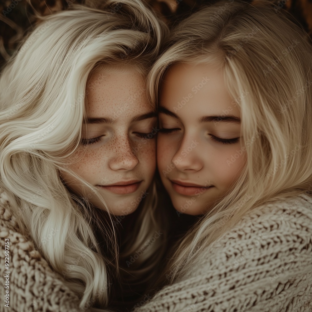 Two blonde girls with closed eyes embracing in cozy sweaters in an autumnal forest setting Two blonde girls with closed eyes embracing in cozy sweaters in an autumnal forest setting