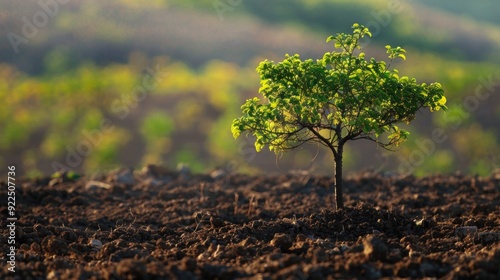 Amidst the beauty of the countryside, a young plant can be seen growing in a field