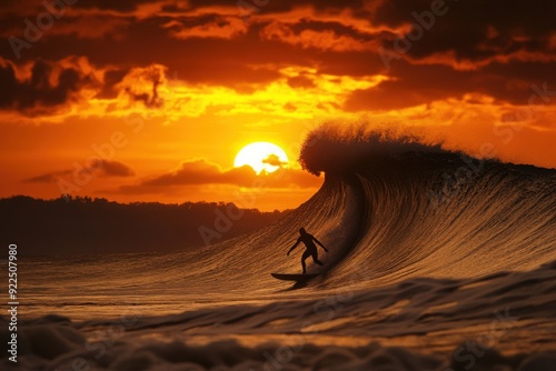 A surfer rides a large, beautifully curling wave as the sun sets in the horizon, creating a serene yet exhilarant moment that epitomizes the harmony between man and nature. photo