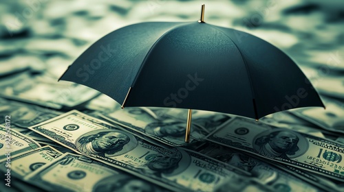 A black umbrella stands over a pile of cash, symbolizing protection and security in finance and investment.