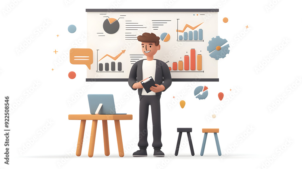 3D Flat Icon Trainer with Screen and Infographics Concept on Dreamy Background Online Meeting Visual Learning Symbol, Isolated White Background 3D Flat Icon Trainer with Screen and Infographics Concept on Dreamy Background Online Meeting Visual Learning Symbol, Isolated White Background