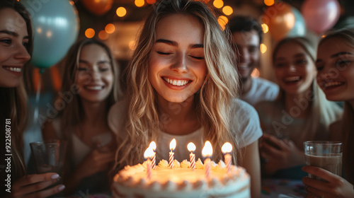 young woman celebrating birthday with friends. she's blowing candles on her birthday cake 