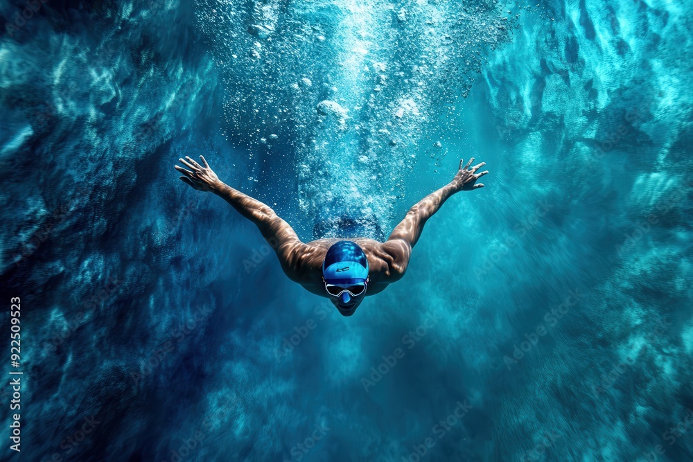 A swimmer is captured diving into deep blue water, creating a trail of bubbles and turbulence. The image emphasizes the depth and the power of the swimmer in the vast water. A swimmer is captured diving into deep blue water, creating a trail of bubbles and turbulence. The image emphasizes the depth and the power of the swimmer in the vast water.